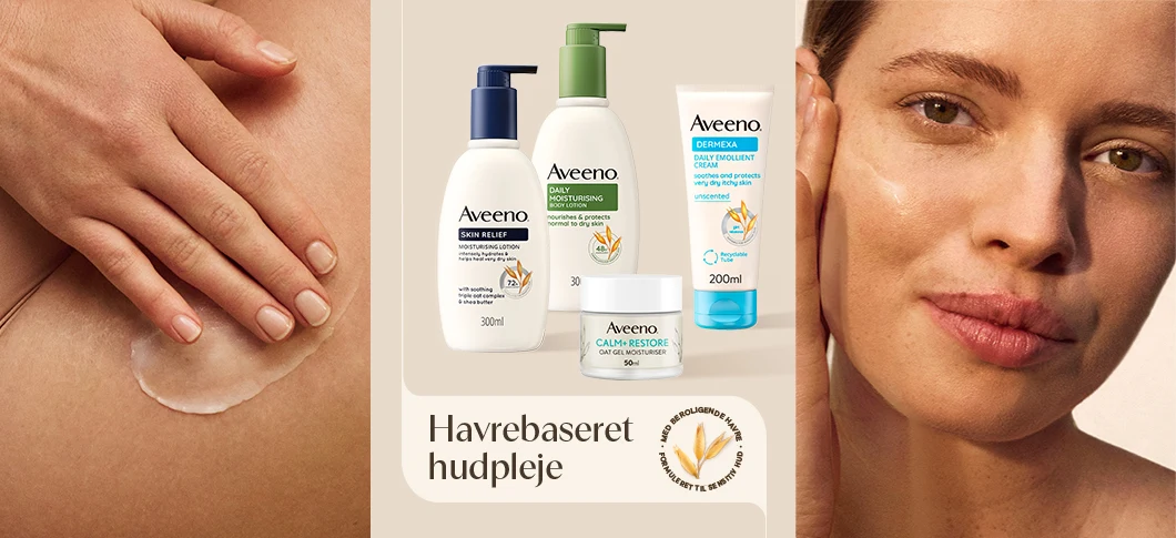 Her ses et billede, som er opdelt i tre. I venstre side ses en siddende kvinde, som smører creme på sit lår. I midten side ses fire forskellige Aveeno produkter på en lys baggrund. Til højre ses em kvinde som smører creme på. 