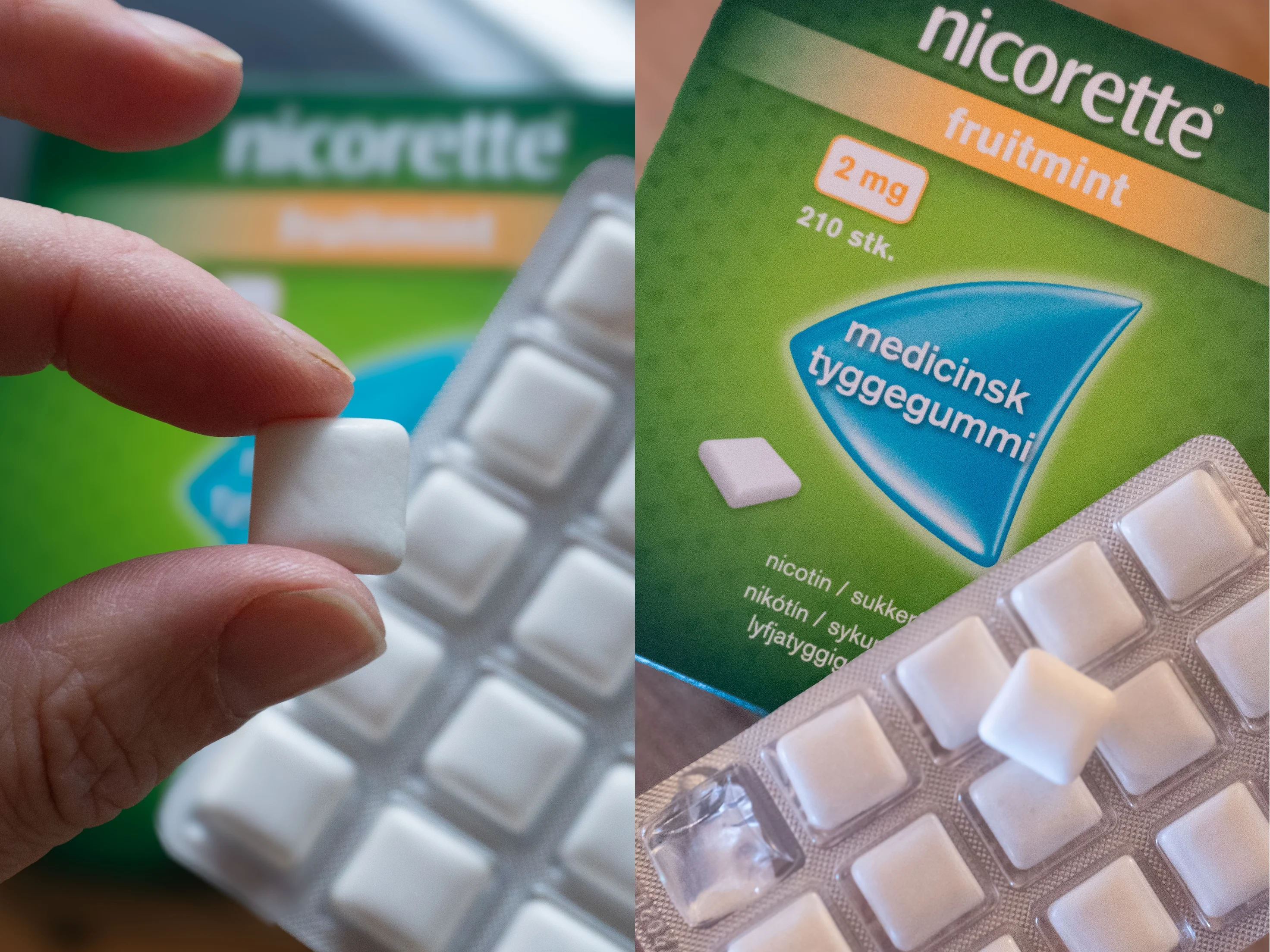 nicorette fruitmint taget ud af pakken og holdes i hånden