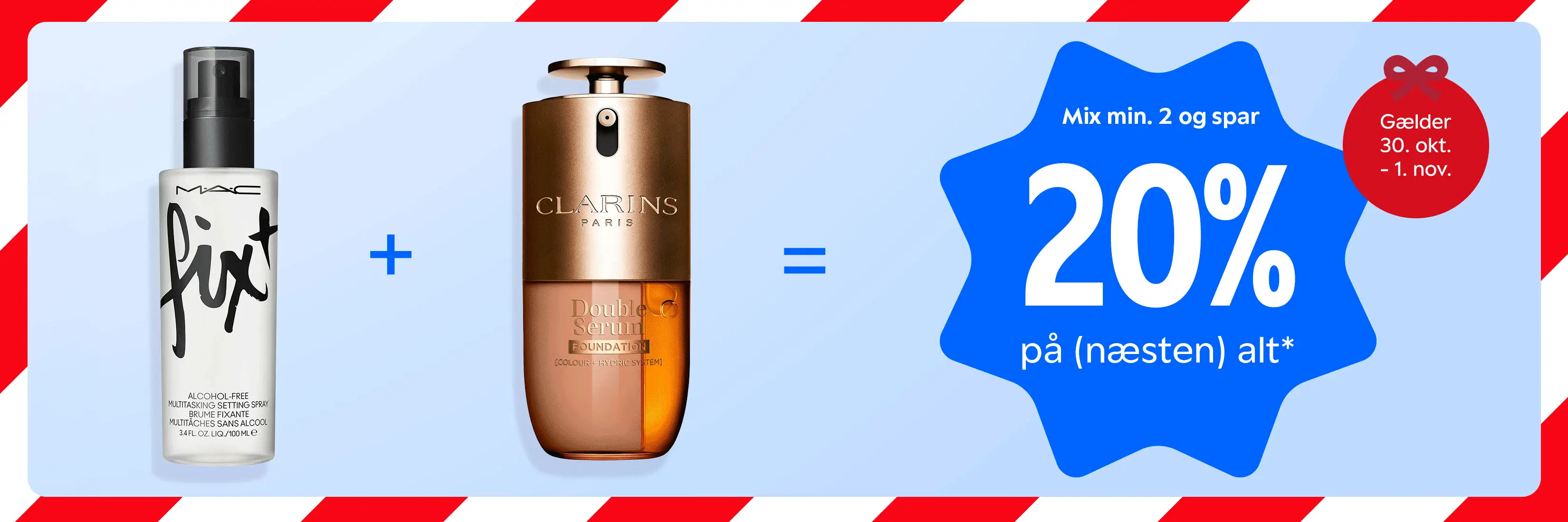 Tilbud: Mix min. 2 produkter og spar 20% på (næsten) alt*. Gælder 30. okt. - 1. nov. Billedet viser MAC Fix+ Setting Spray og Clarins Double Serum Foundation.