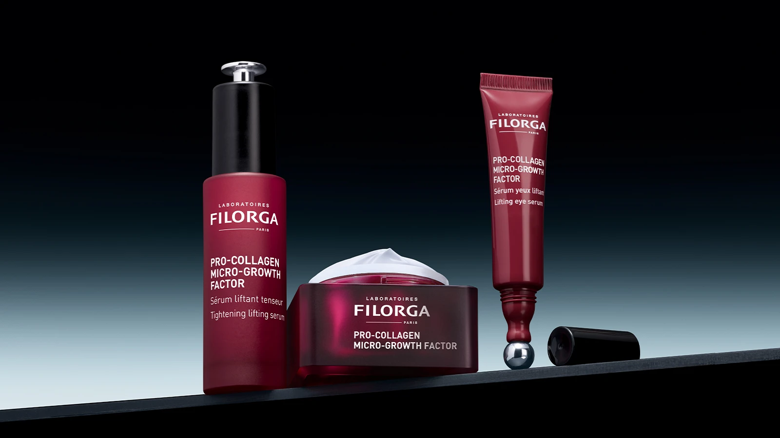 Tre Filorga PRO-COLLAGEN MICRO-GROWTH FACTOR produkter: en opstrammende serum, en creme og en løftende øjenserum.