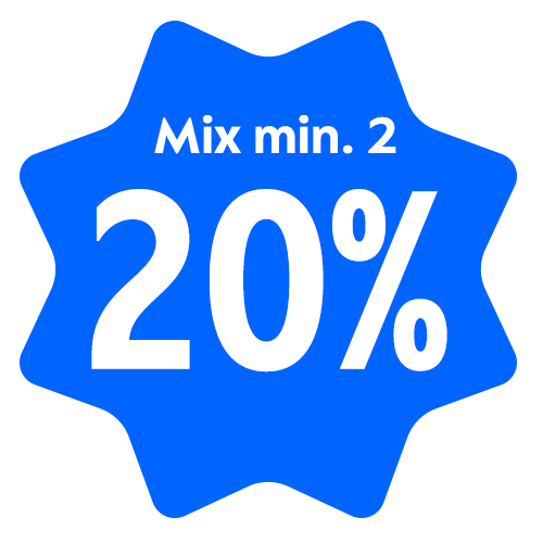Blåt kampagnemærke med teksten “Mix min. 2 – 20%”.