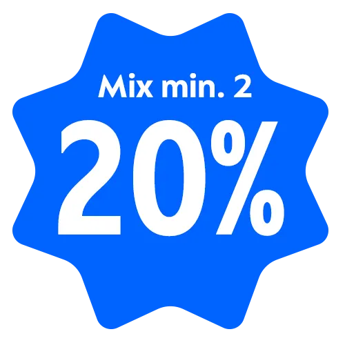 Blåt kampagnemærke med teksten “Mix min. 2 – 20%”.