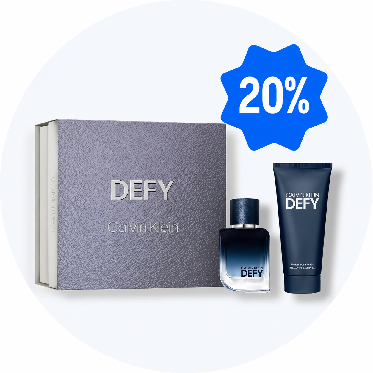 Calvin Klein Defy gavesæt med parfume og hår- og kropsvask, tilbudt med 20% rabat.