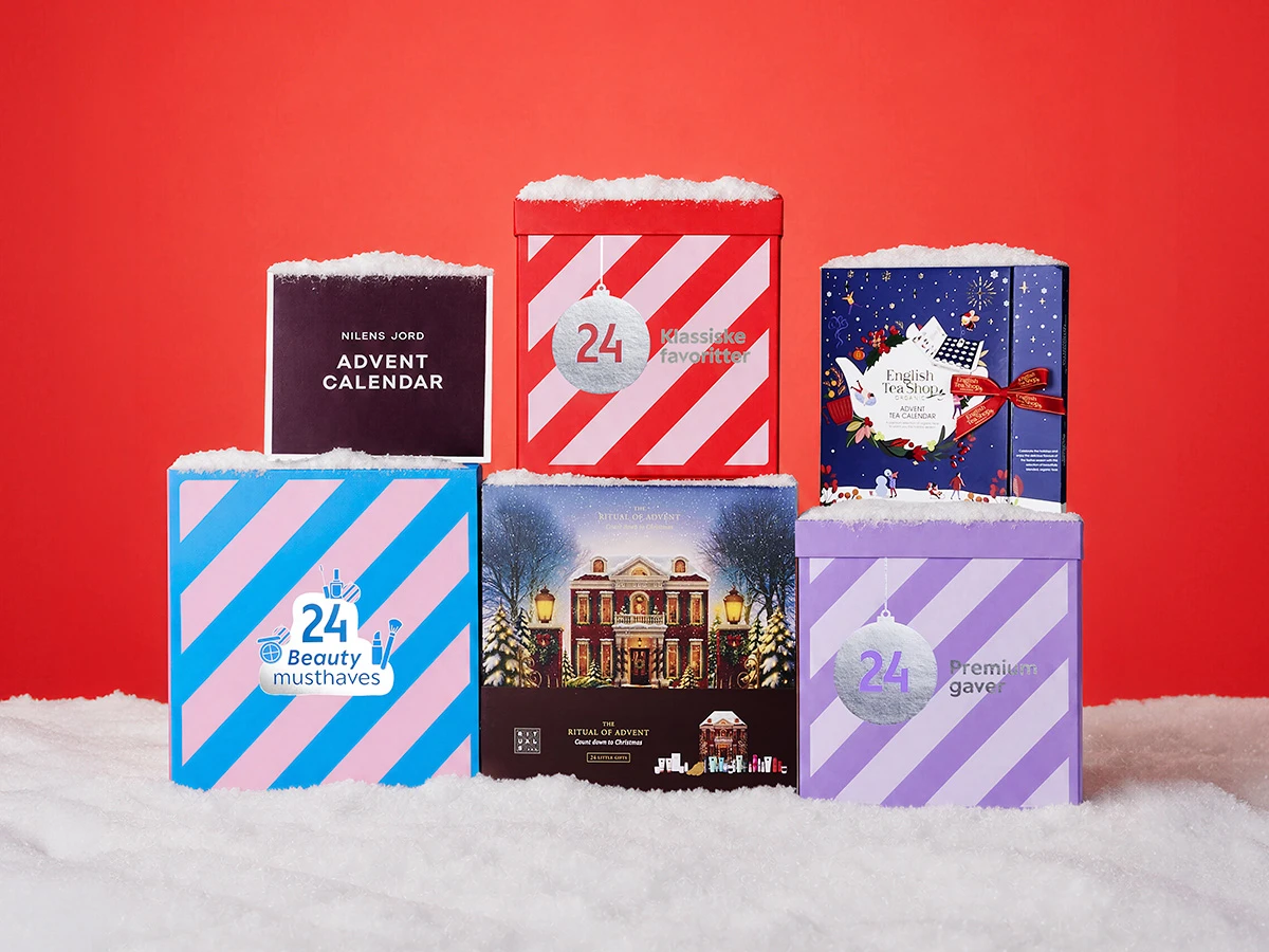 Seks farverige julekalendere med sne: skønhed, te, luksus, samt Nilens Jord og Rituals.