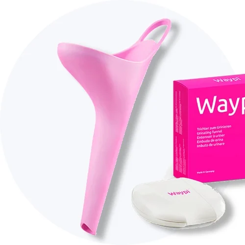 Waypi urintragt til kvinder i pink silikone med etui og pink æske på lys grå baggrund.