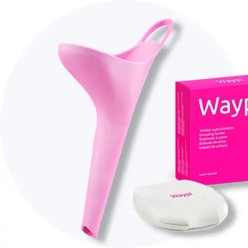 Waypi urintragt til kvinder i pink silikone med etui og pink æske på lys grå baggrund.