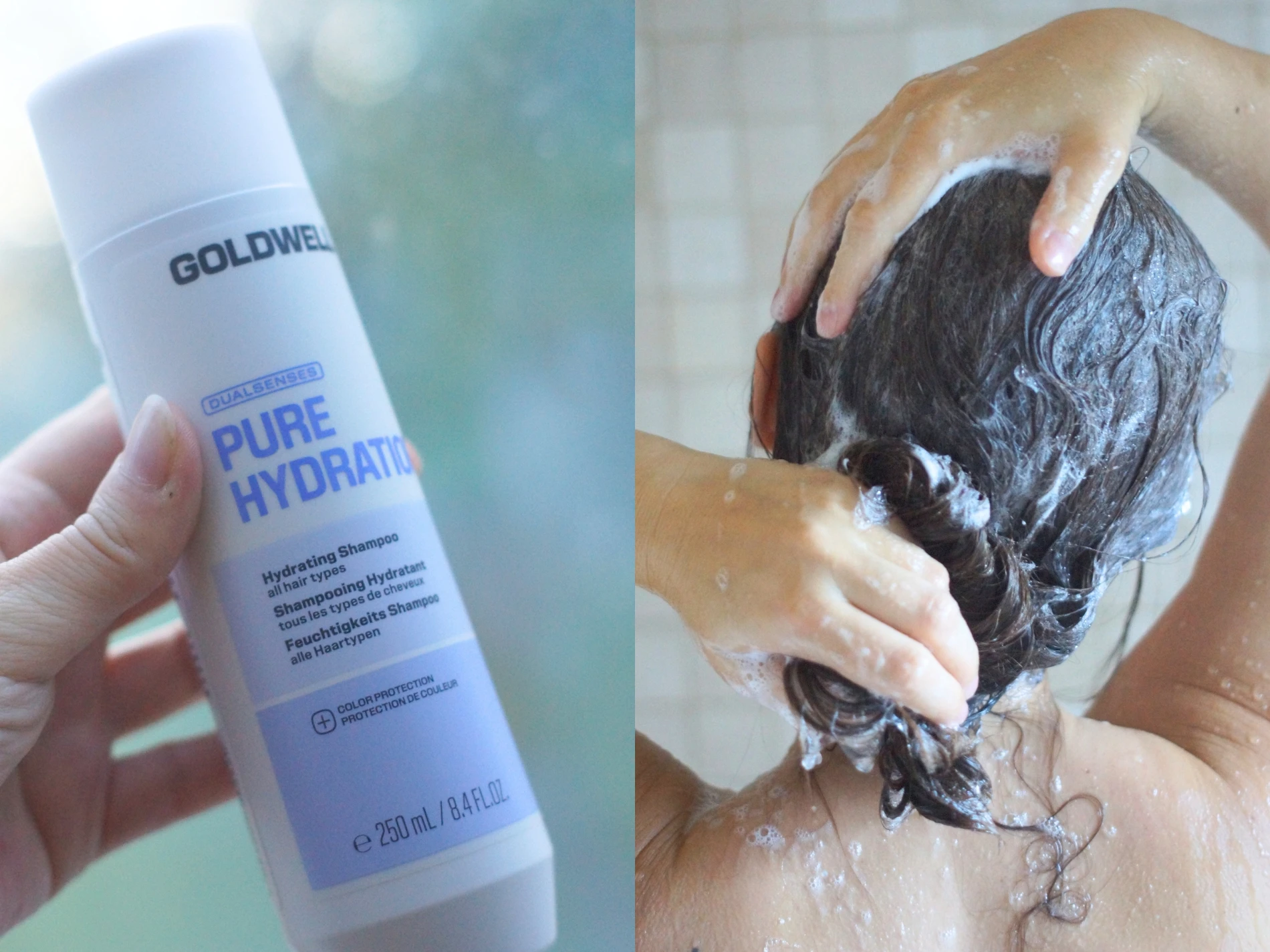 Goldwell Pure Hydration Hydrating Shampoo (250 ml, alle hårtyper, farvebeskyttelse) og hårvask.
