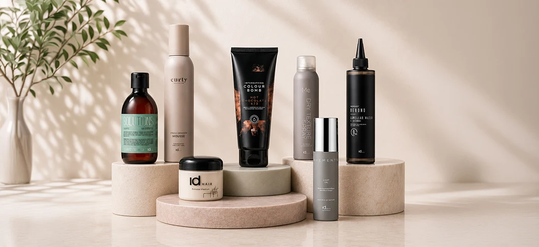 Her ses et billede med forskellige hårpleje- og stylingprodukter fra IdHAIR placeret på runde podier mod en lys baggrund. Der ses produkter fra flere serier, herunder “Curly Xclusive”, “Colour Bomb”, “Elements”, “Noplex Rebond” og “Solutions”.