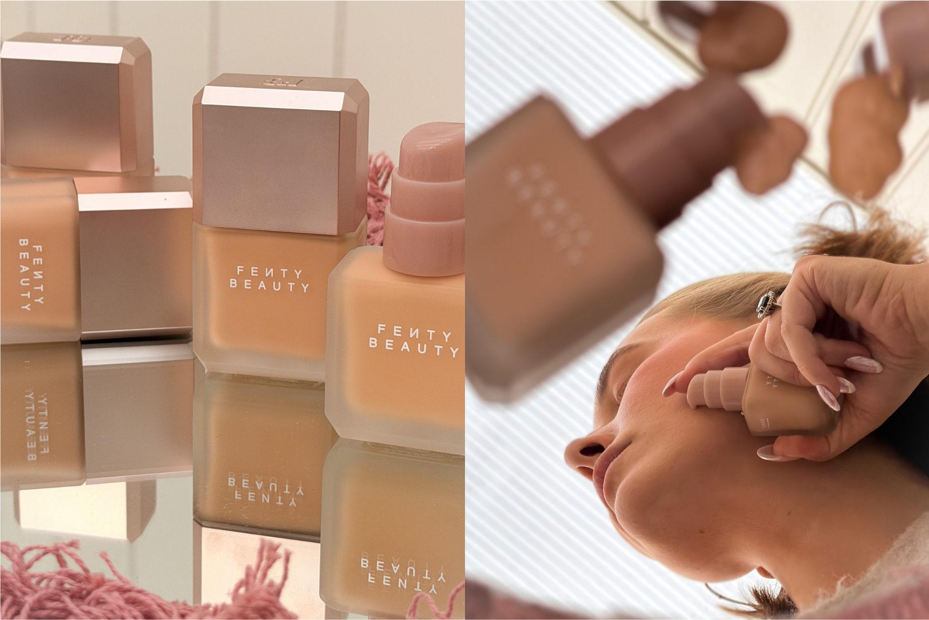 Fenty Beauty foundationflasker på reflekterende overflade og en person, der påfører foundation på kinden.