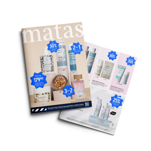 To Matas brochurer viser sider med kosmetikprodukter og tilbud som 30% rabat, 2 for 1 og 3 for 2.