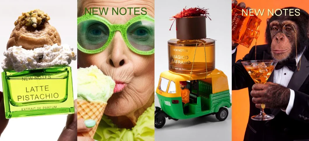 Her ses et farverigt kampagnebillede for New Notes med fokus på parfumernes utraditionelle og legende univers. Til venstre vises Latte Pistachio sammen med pistacieis, mens en person med grønne solbriller og en isvaffel ses ved siden af. Til højre står Magico Saffrano oven på en miniature-rickshaw, og yderst ses en chimpanse i smoking med en cocktail. Billedet kombinerer parfumer, smagsassociationer og humoristiske motiver i et markant visuelt udtryk.