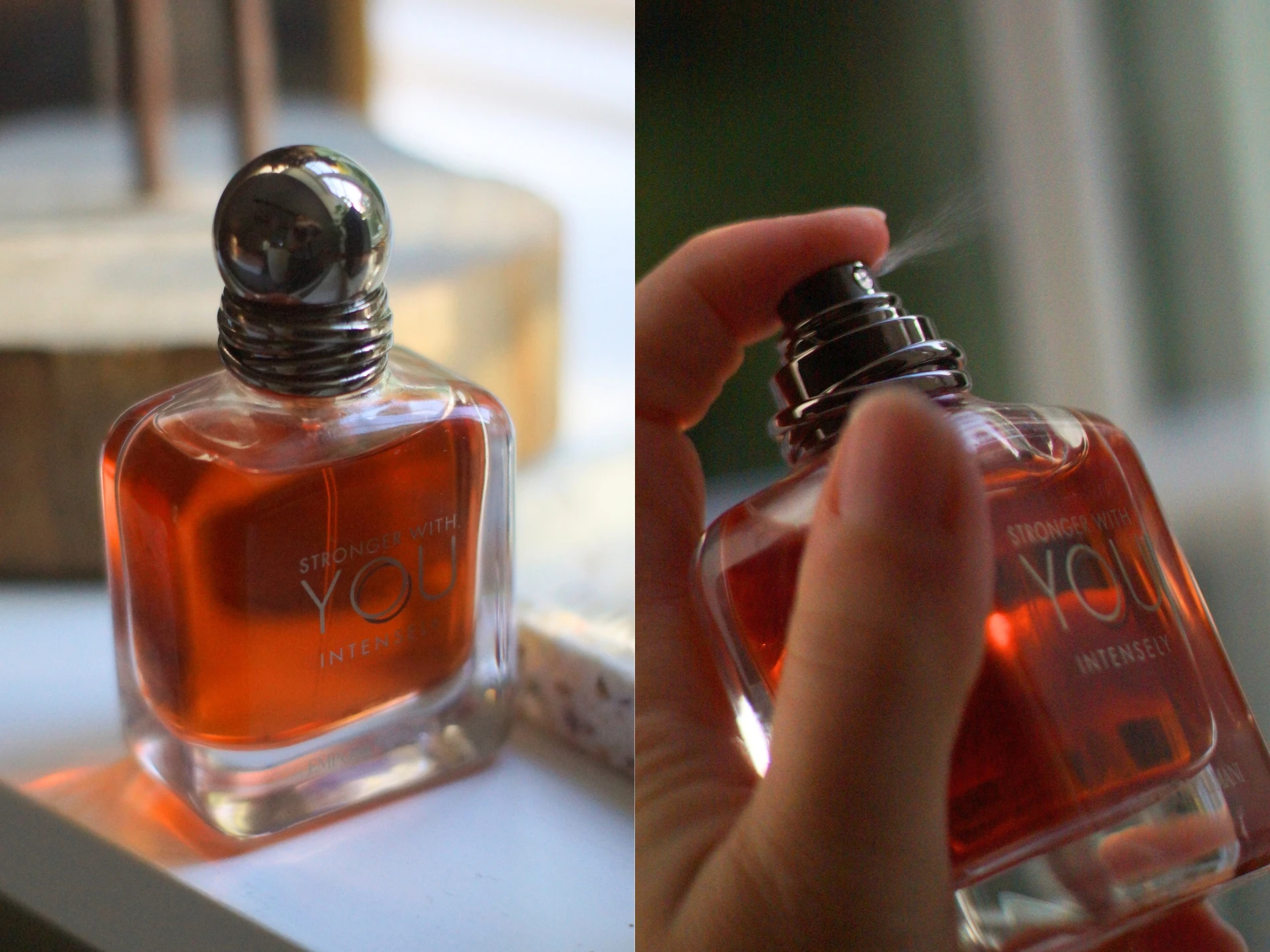 Opdelt billede: En flaske med Stronger With You Intensely parfume, og en hånd der sprayer parfumen.
