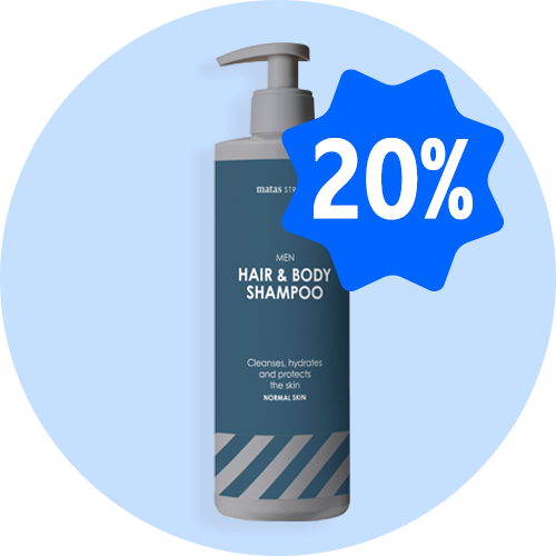 Matas Men Hair & Body Shampoo med pumpe på lyseblå baggrund med blåt 20%-mærke.
