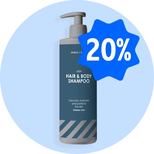 Matas Men Hair & Body Shampoo med pumpe på lyseblå baggrund med blåt 20%-mærke.