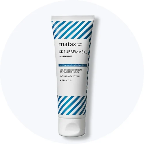 Matas Skrubbemaske uden parfume med hamamelis og jojobaolie. Fjerner døde hudceller, til alle hudtyper.
