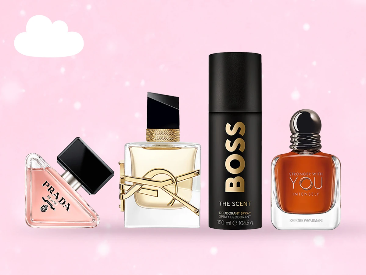 Fire duftprodukter: Prada Milano, YSL Libre, Boss The Scent deodorant spray og Emporio Armani Stronger With You Intensely.