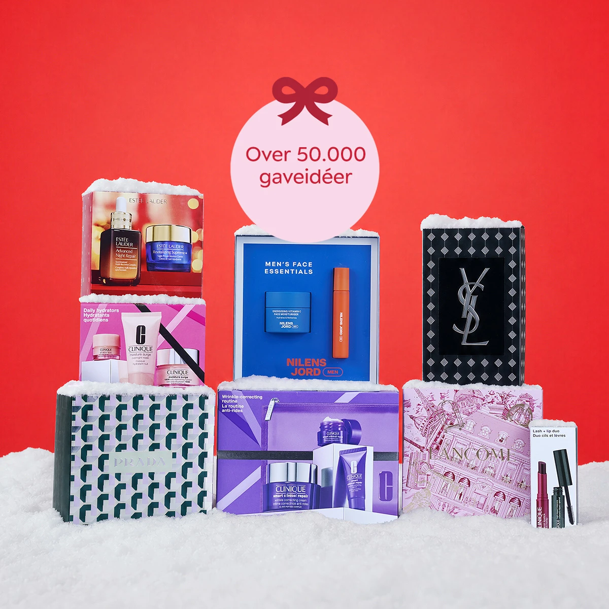 Over 50.000 gaveidéer: Skønhedsgavesæt i sne fra Estée Lauder, Clinique, YSL, Lancôme, Prada og Nilens Jord.