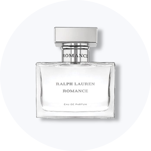 Ralph Lauren Romance Eau de Parfum. Flasken er klar med et sølvfarvet låg, der har teksten 'Romance'.