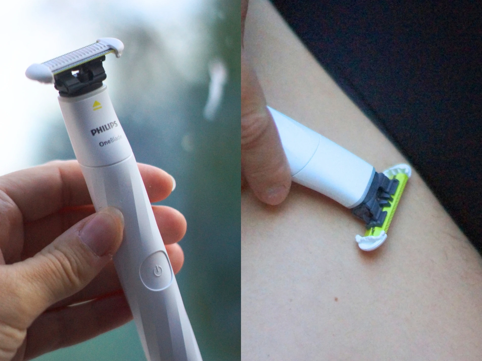 Philips OneBlade shaver holdt i en hånd, og et nærbillede der viser den fjerner hår på et ben.