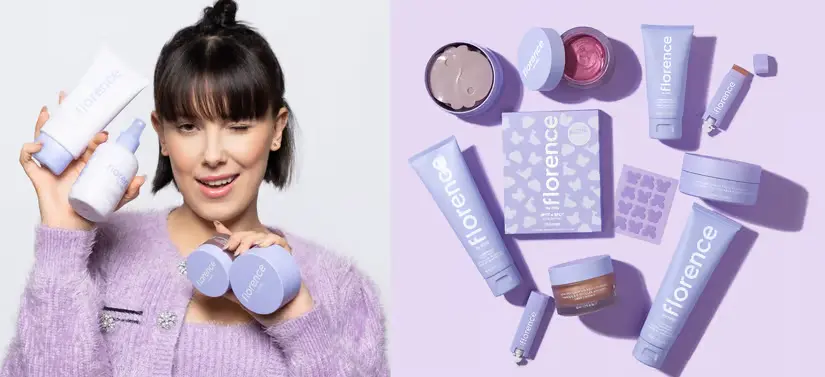 Her ses et billede, som er opdelt i to. I venstre side ses en lys blå-lilla baggrund med Millie Bobby Brown på. Hun har lilla tøj på og holder fire produkter. På højre side ses en masse lilla  produkter på en lyslilla baggrund.
