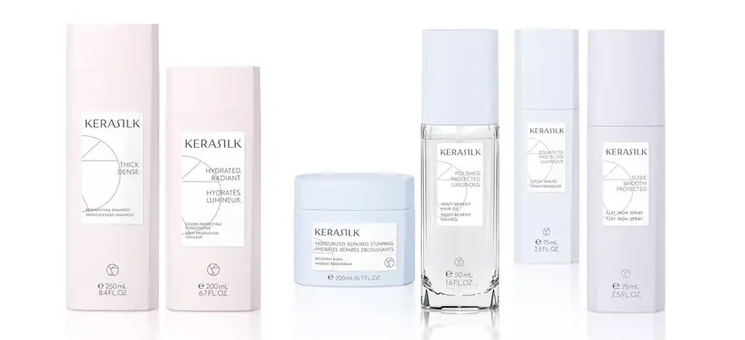 Her ses forskellige lyse Kerasilk produkter på en række. Baggrunden er hvid.