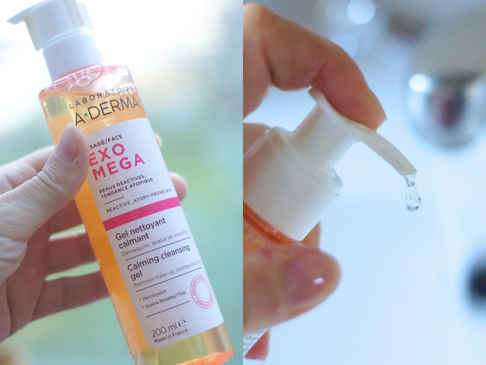 A-DERMA EXO MEGA Calming Cleansing Gel for reaktiv, atopisk hud. En hånd pumper en dråbe beroligende gel ud.