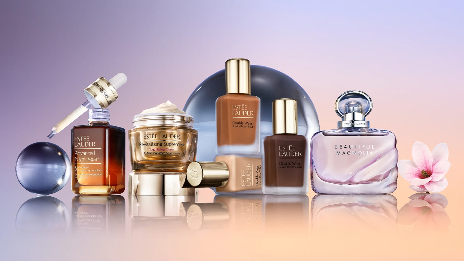 Estée Lauder: Advanced Night Repair serum, Revitalizing Supreme+ creme, Double Wear foundations og Beautiful Magnolia parfume.