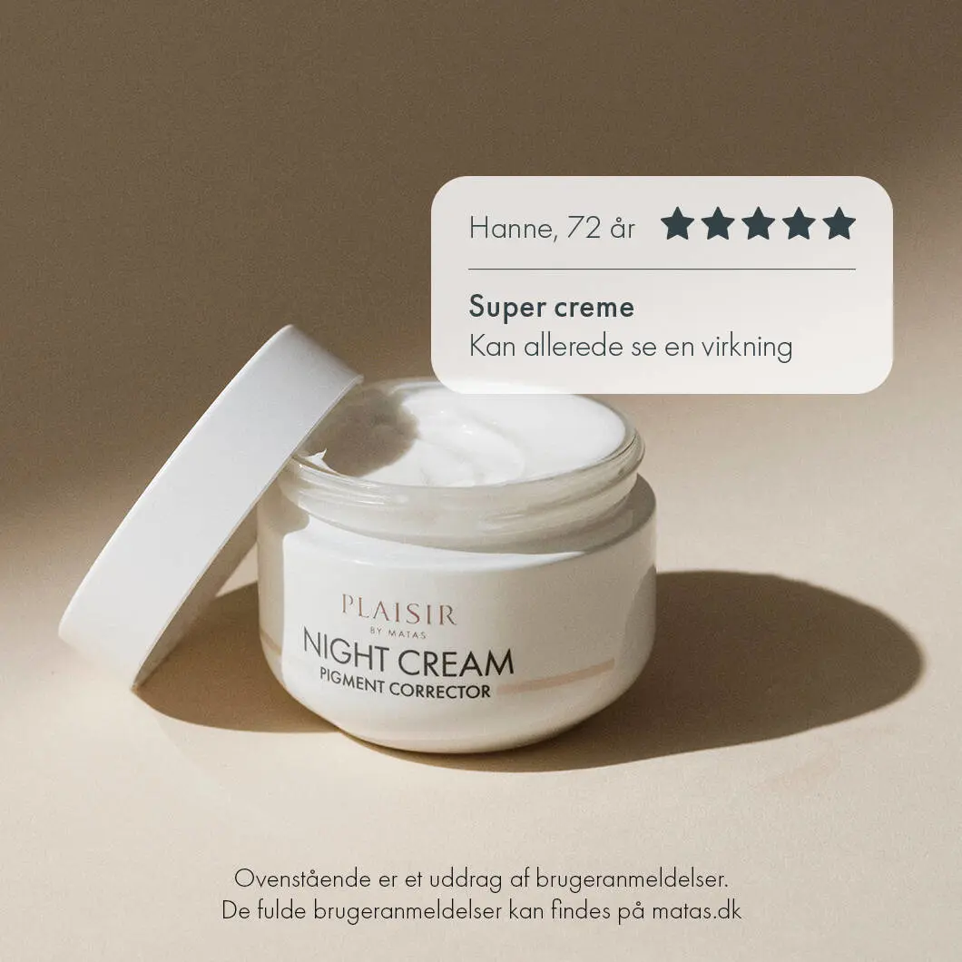 Et elegant reklamebillede for “Plaisir Night Cream Pigment Corrector” fra Matas på en varm beige baggrund. Midt i billedet står en åben, hvid krukke med natcreme, hvor låget er placeret skråt ved siden af krukken. Den hvide creme er synlig i den åbne beholder, og produktet kaster en blød skygge på underlaget. Øverst til højre ses en hvid taleboble med en kundeanmeldelse fra “Hanne, 72 år”. Anmeldelsen viser fem ud af fem stjerner og teksten: “Super creme – Kan allerede se en virkning”. Nederst i billedet står en note om, at anmeldelsen er et uddrag af brugeranmeldelser, og at de fulde anmeldelser kan findes på matas.dk. Billedet har et roligt og luksuriøst udtryk med fokus på nærende hudpleje og synlige resultater mod pigmentpletter.