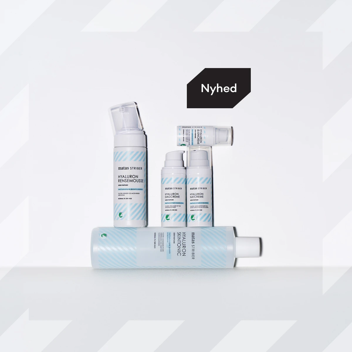 Nyhed: Matas Striber Hyaluron hudplejeserie med rensemousse, dagcreme, natcreme, øjencreme og skintonic.