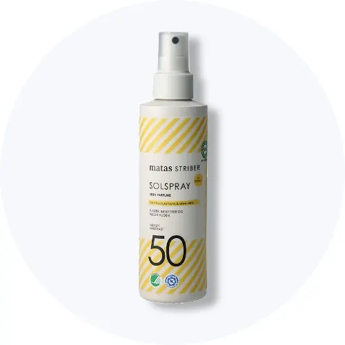 Her ses en solcreme fra Matas. Den er faktor 50.