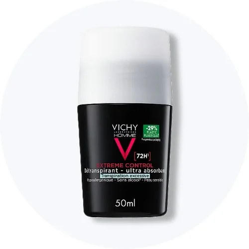 Her ses en Vichy Homme roll-on deodorant i sort emballage på en lys baggrund.