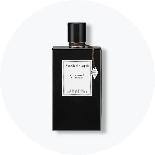 Her ses et billede af en parfumeflakon fra Van Cleef & Arpels placeret centralt mod en lys, rund baggrund. På flakonen står teksten “Van Cleef & Arpels” samt “Collection Extraordinaire”. Flakonen er sort med sort låg og sølvfarvet label.