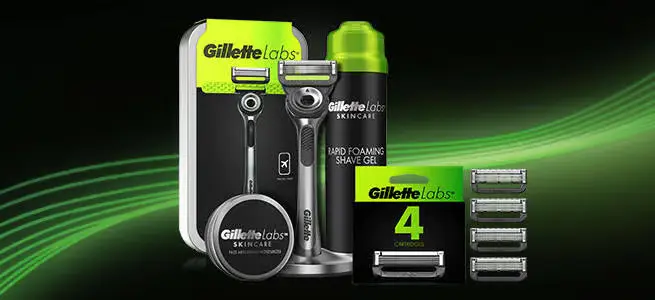 Her ses Gillette produkter i sort og grøn - baggrundens farver passer dertil.