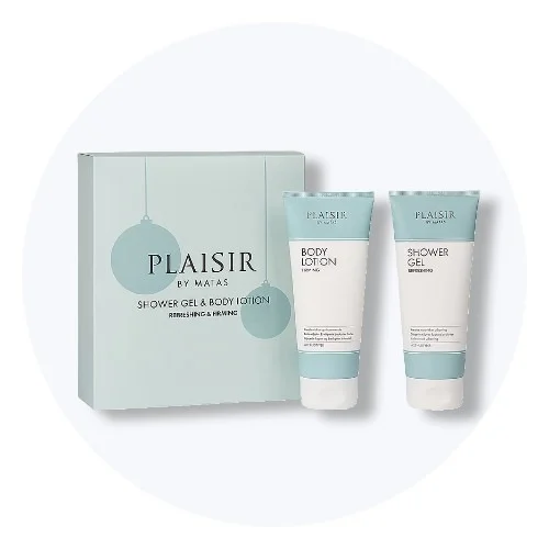 Plaisir by Matas Shower Gel & Body Lotion gaveæske med en mintgrøn æske og to hvide tuber.