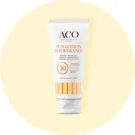 Her ses en vegansk solcreme fra ACO på en lysegul baggrund. 