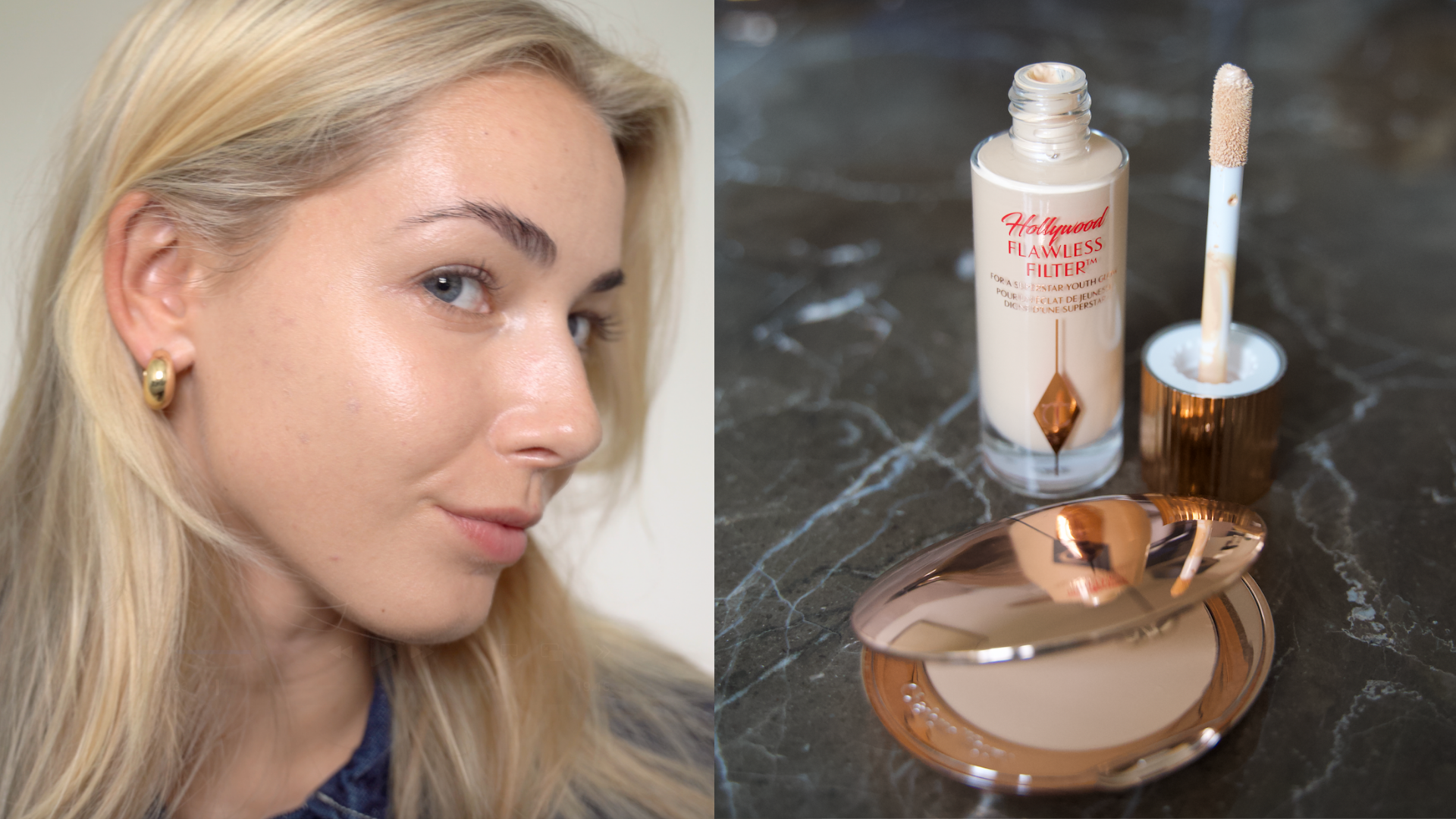 En kvinde med blondt hår og gylden ørering ved siden af Hollywood Flawless Filter og et åbent pudderdåse.