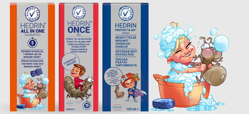 Tre Hedrin-produkter: All In One Shampoo, Once Gel og Protect & Go Spray. Til lusebehandling og forebyggelse, illustreret med tegninger af børn, der bekæmper lus.