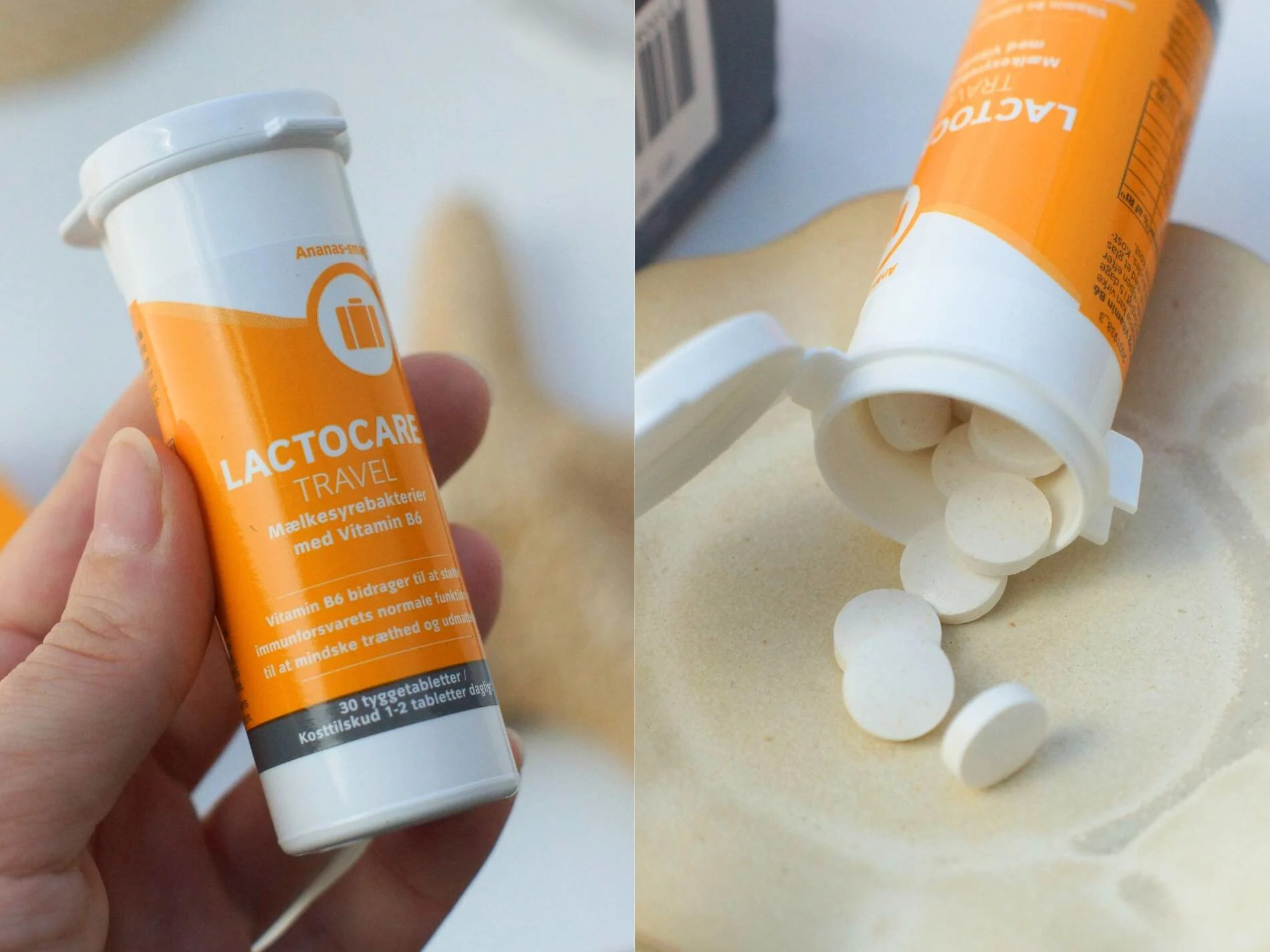lactocare travel holdt i hånd og hældt ud på en tallerken