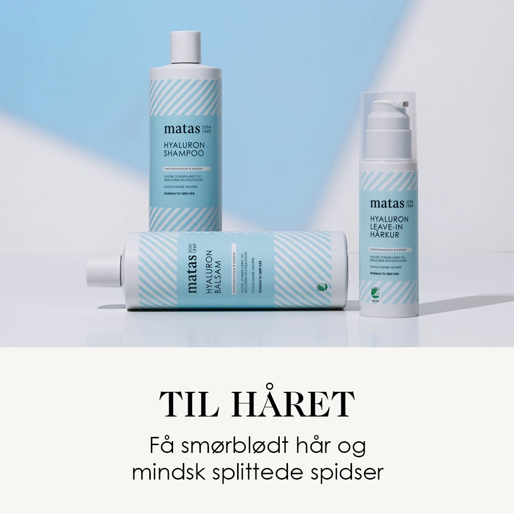 Her ses Matas Striber Hyaluron Shampoo, Balsam og Leave-in Hårkur på en lys baggrund.