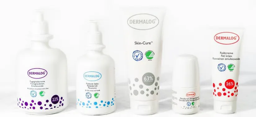 Dermalog produkter opstillet på række