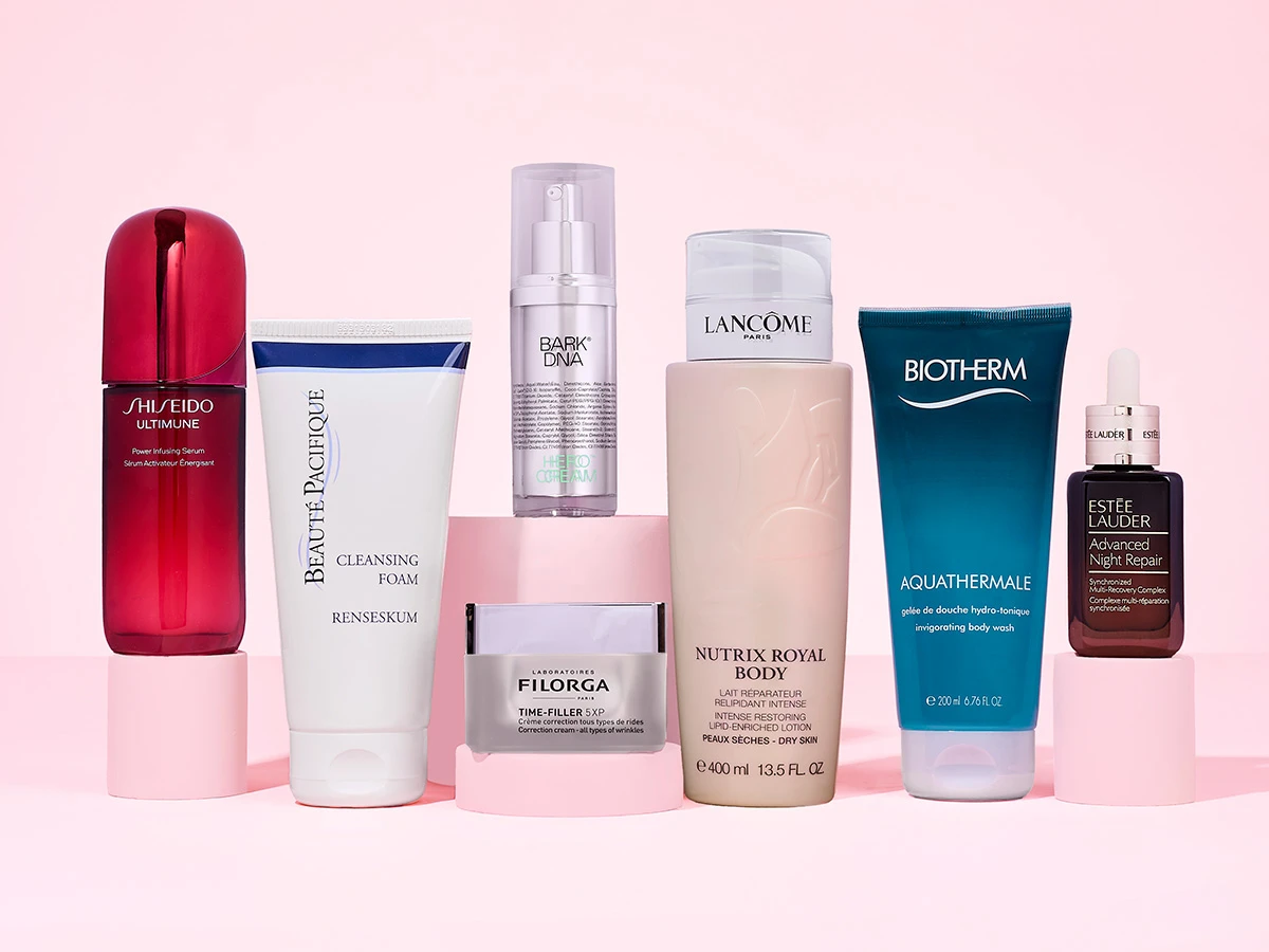 Forskellige hudplejeprodukter fra mærker som Shiseido, Beauté Pacifique, Lancôme, Biotherm og Estée Lauder.