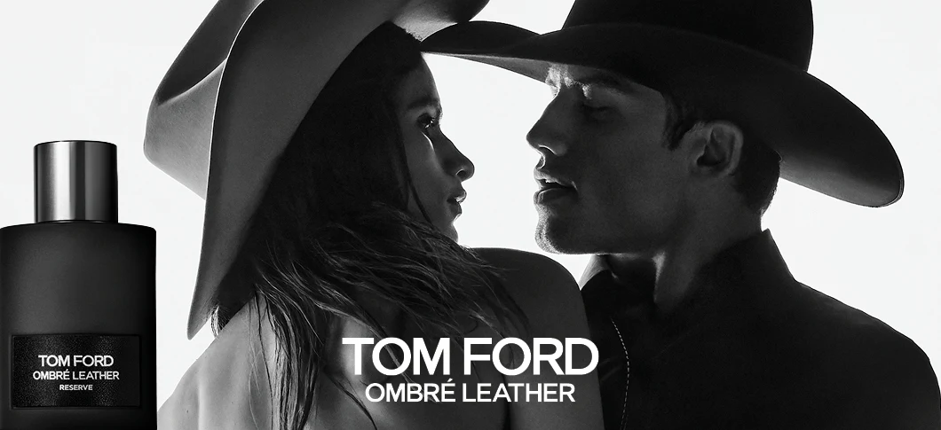 Tom Ford Ombré Leather Reserve parfume flaske. Sort-hvidt billede af to personer i cowboyhatte. Tekst: Tom Ford Ombré Leather.