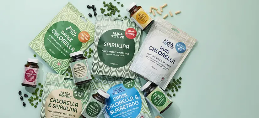 Her ses en lysegrøn baggrund med masse produkter.