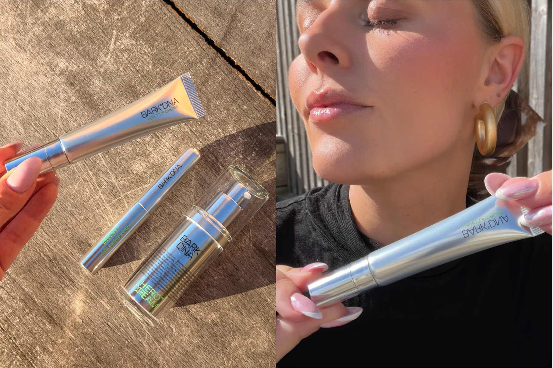 Bark'DNA Hero Lip Cream, Brow Styling Gel og Hero Cream præsenteres. En person holder Hero Lip Cream-tuben op mod glansfulde læber.