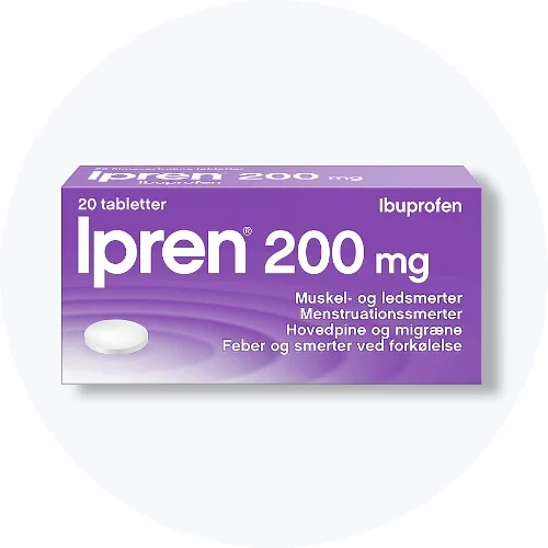 Ipren 200 mg ibuprofen i lilla æske på lys grå baggrund.