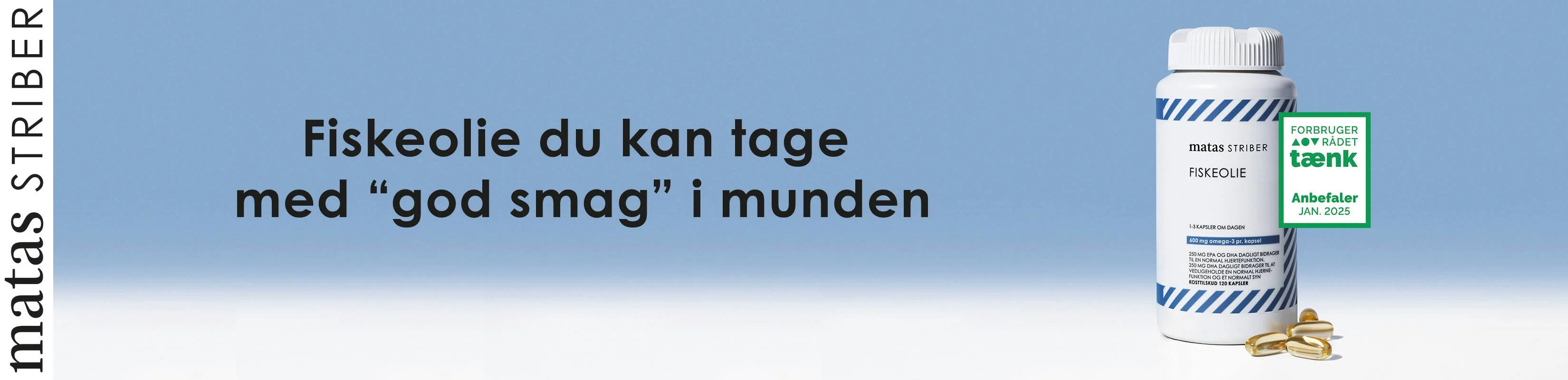 Her ses i venstre side et "matas striber" logo. I midten ses en tekst og i højre en bøtte med fiskeolie-kapsler fra Matas Striber. 
