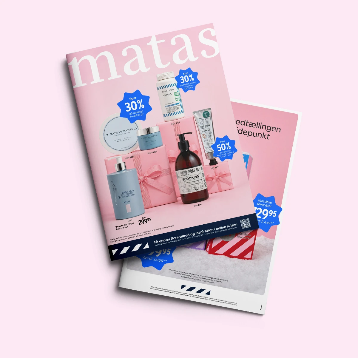 Matas katalog viser tilbud: 'Spar 30% på Tromborg' og 'Spar 50% på Ecooking' hudpleje. Find flere online.
