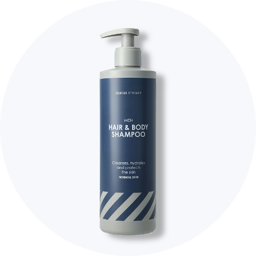 Her ses en mørkeblå hår og bodyshampoo fra Matas Men / Matas Striber på en lys baggrund.