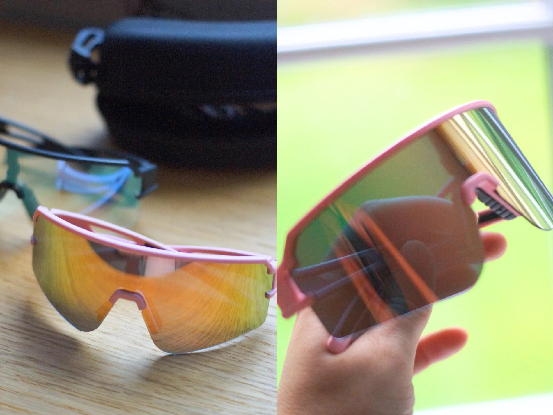 Et par pink indfattede solbriller med reflekterende glas set fra to vinkler; et par hviler på træ og et holdes i hånden.