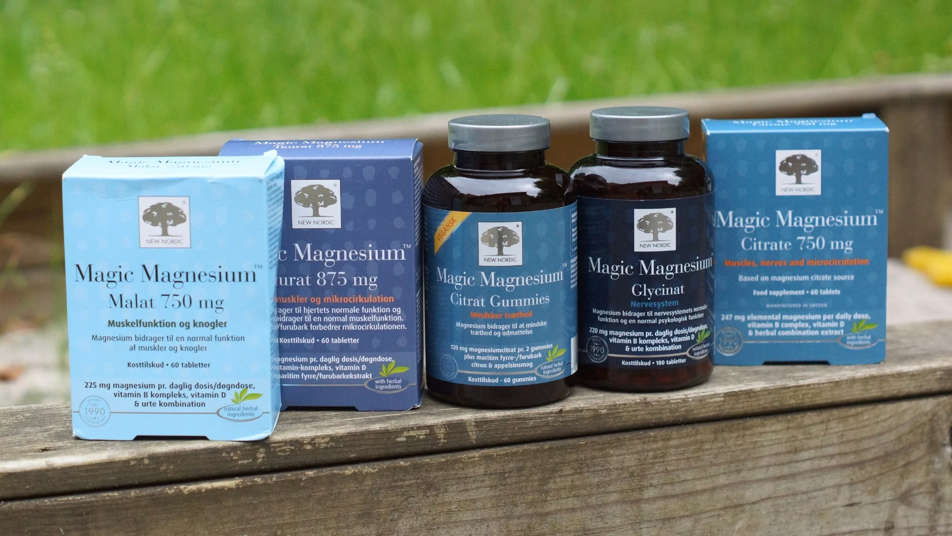 Billede af forskellige produkter med magnesium fra New Nordic